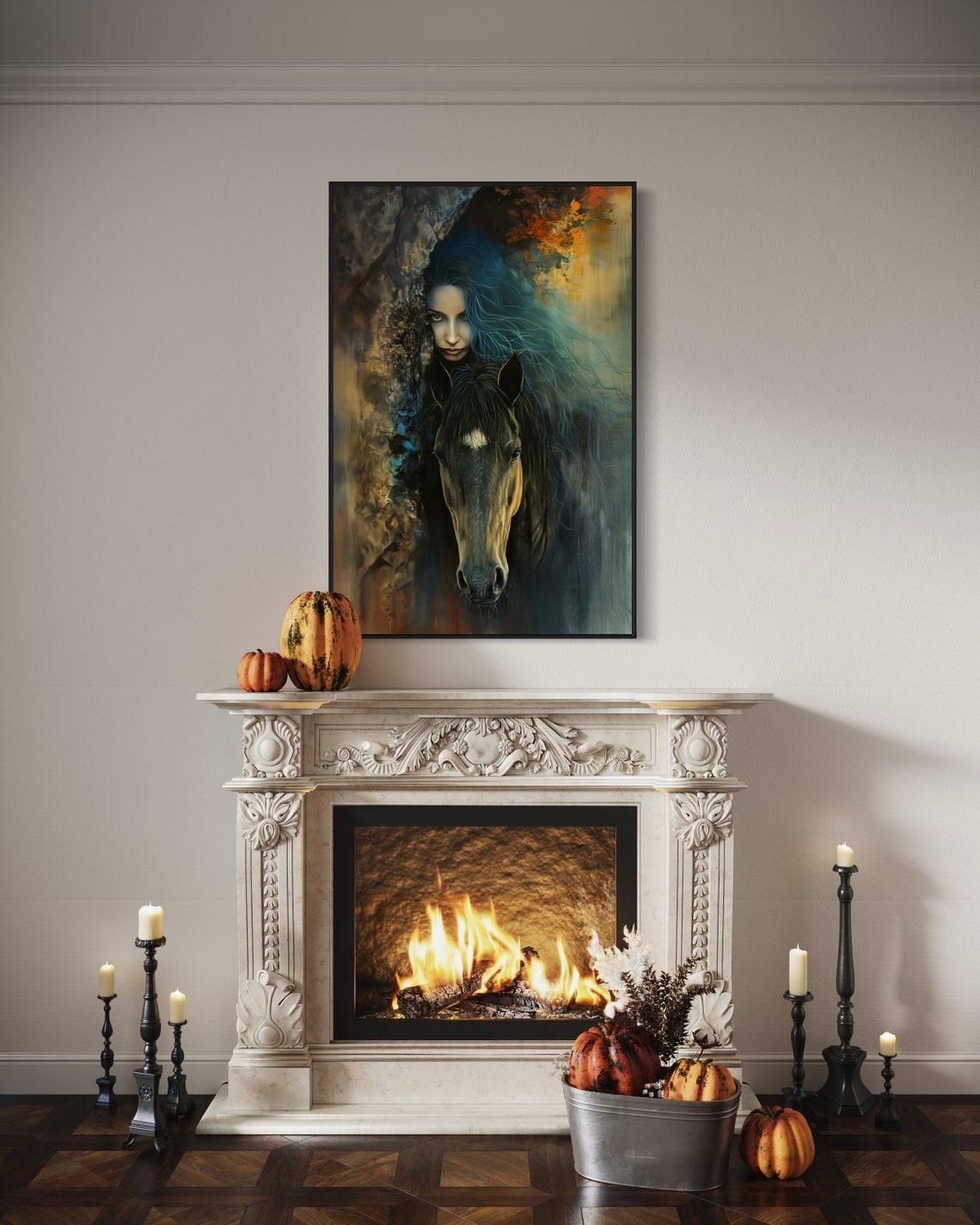 Mystical Woman Blue Hair Dark Horse Dramatic Fantasy Wall Art - Image 2