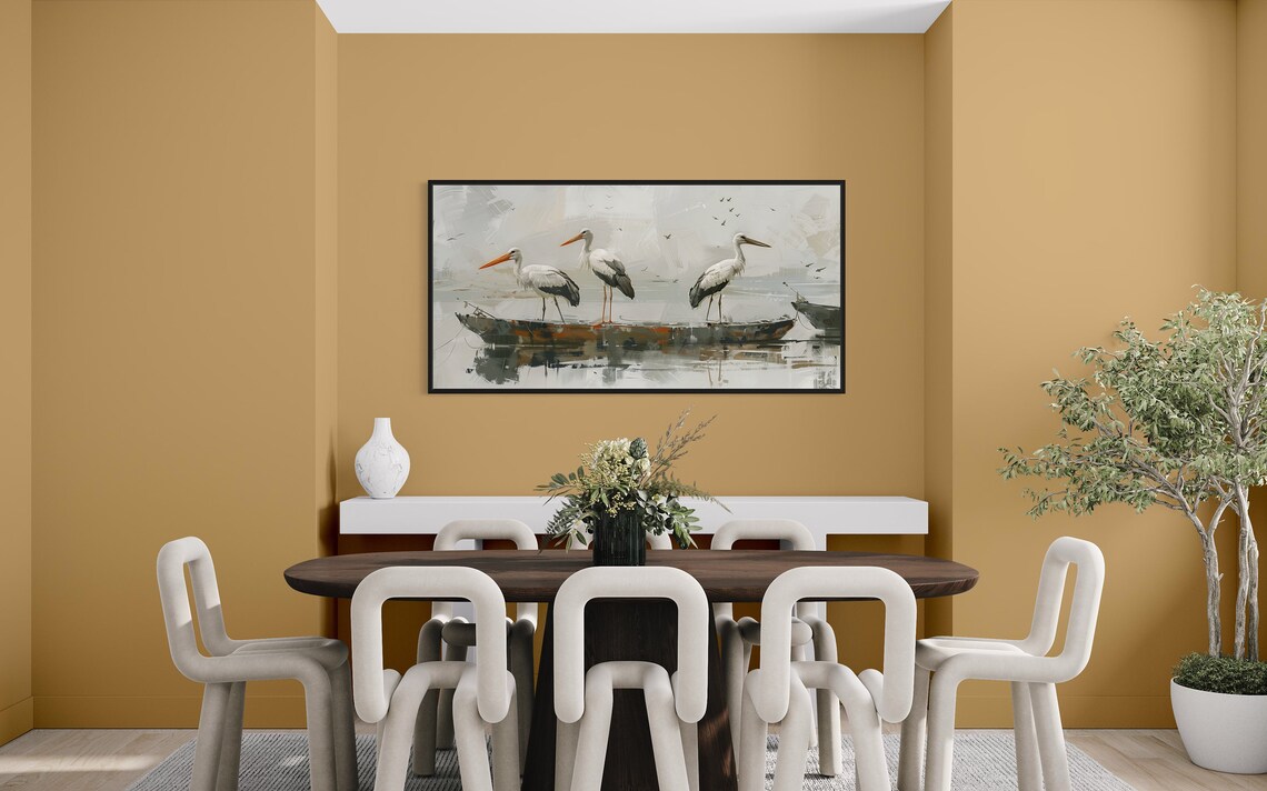 White Storks Foggy Lake Boat Misty Morning Elegant Wildlife Wall Art - Image 3