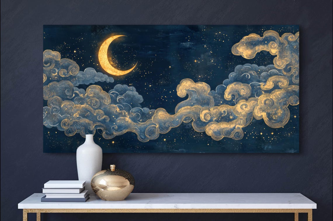 Dreamy Starry Night Crescent Moon Print Atmospheric Panoramic Wall Art For Celestial Decor Deep Blue Ethereal Sky Painting Print - Image 5