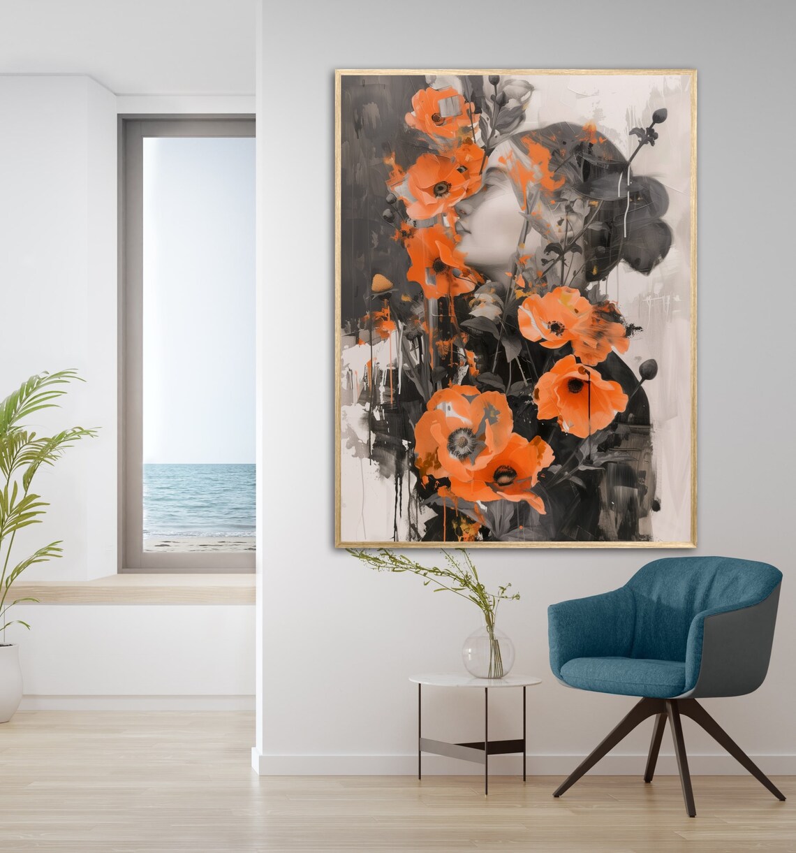 Sensual Woman Portrait With Vivid Orange Poppies Floral Art Poster - Image 5