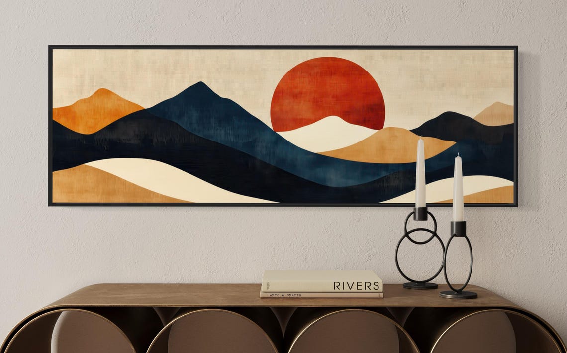 Abstract Mountain Wall Art Minimalist Layered Landscape Print With Bold Red Sun Earthy Tones And Modern Geometric Design - Image 5