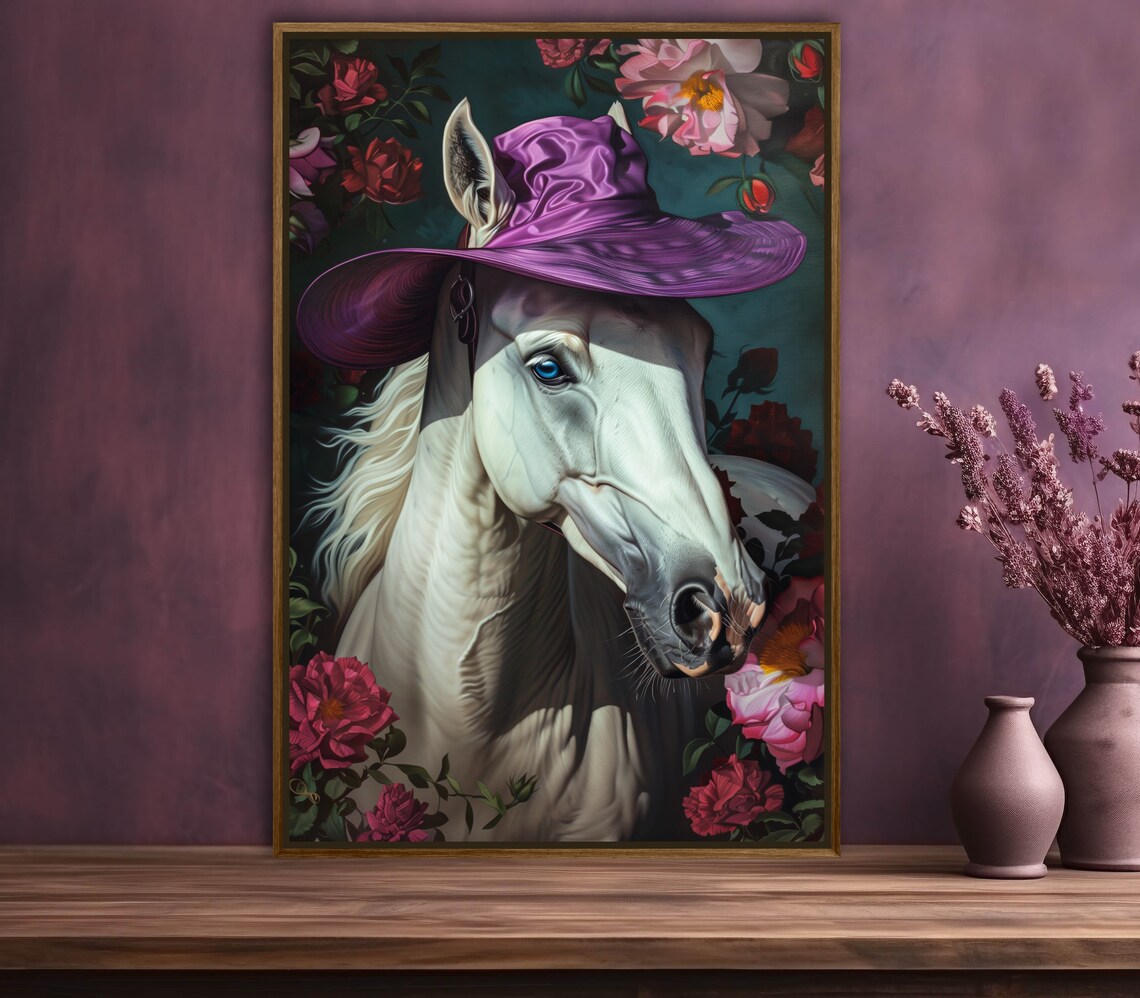 Regal White Horse Purple Hat Red Roses Equine Floral Art Poster