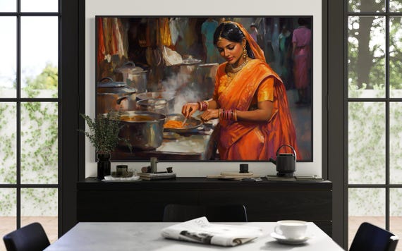 Cooking Indian Woman Wall Art Vibrant Kitchen Scene With Traditional Saree And Gold Jewelry Cultural Print For Ethnic Home And Kitchen