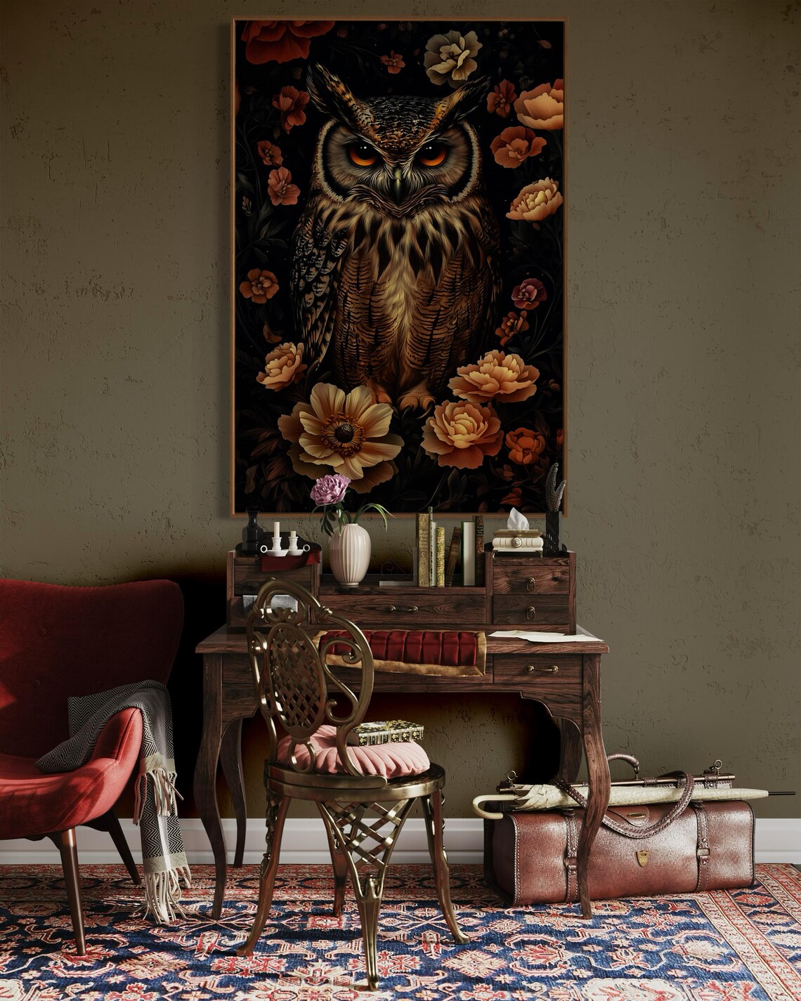 Majestic Great Horned Owl Dark Floral Botanical Wildlife Art Poster - Image 3