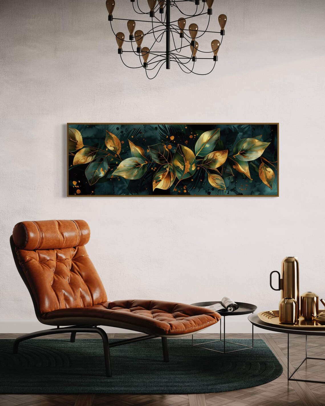 Elegant Gold Black Leaves Panoramic Botanical Luxury Wall Art Print - Image 2