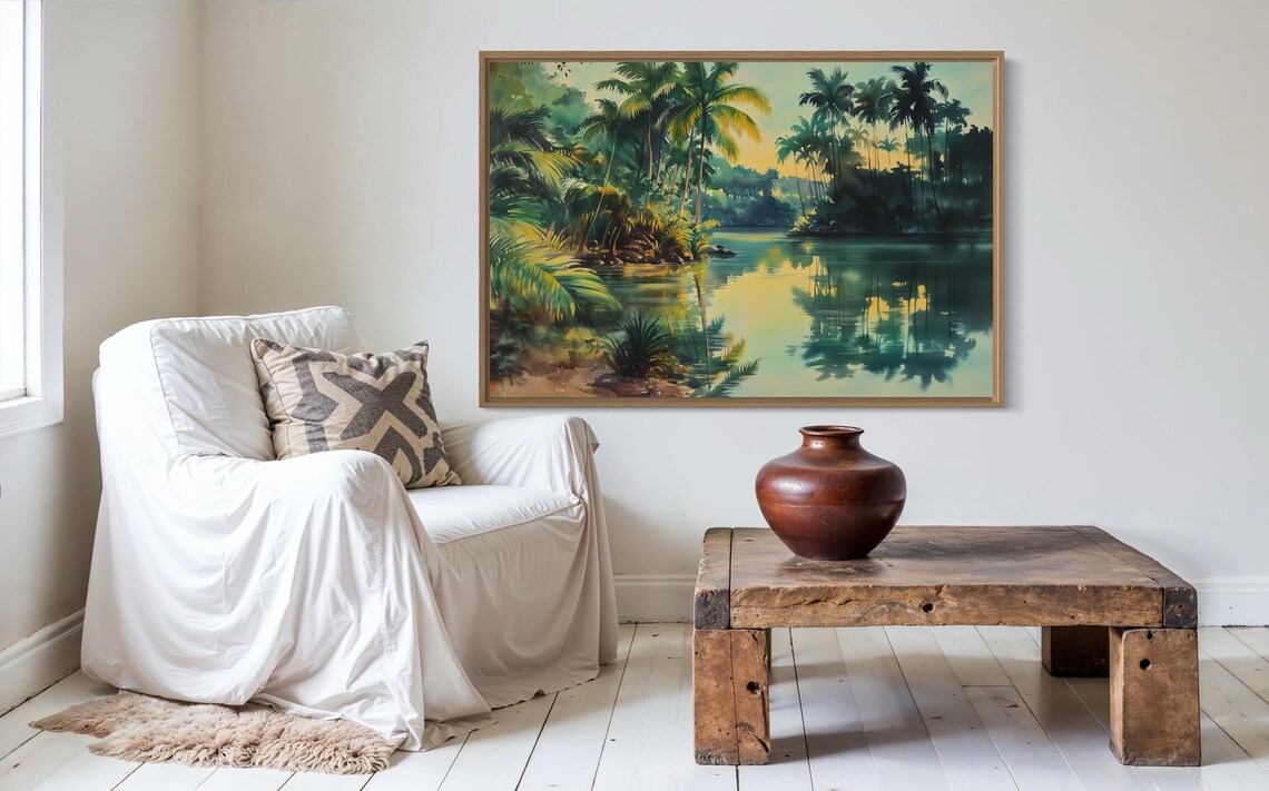 Tropical Jungle Palm Tree River Landscape, Art Print - Image 3