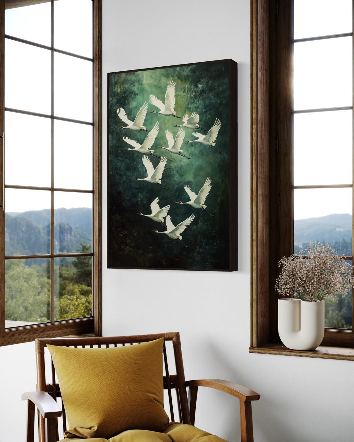 White Cranes Soaring Dark Emerald Sky Elegant Bird Wildlife Art Poster - Image 5