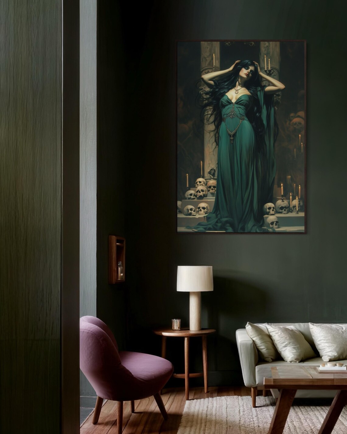 Victorian Gothic Woman Green Gown Skulls Candles Moody Poster - Image 4