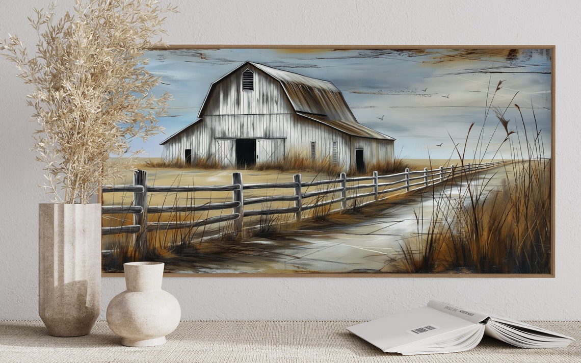 White Barn Country Road Wheat Field Rustic Panoramic Wall Art - Image 5