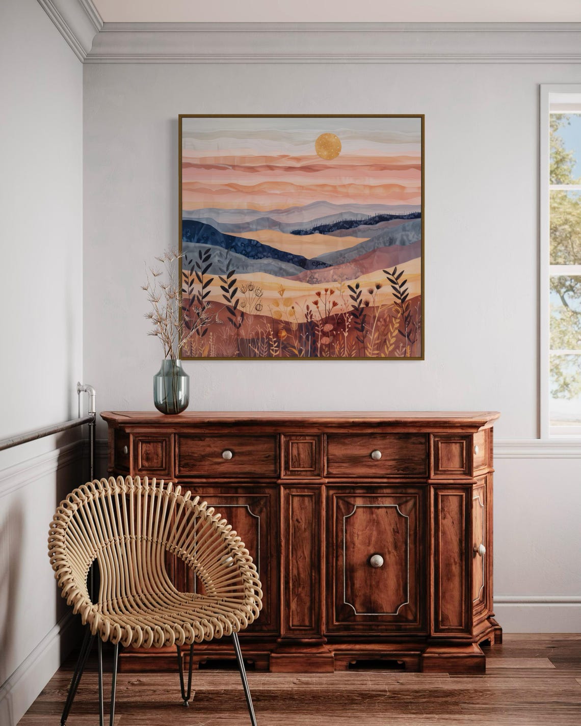 Boho Sunrise Over Rolling Hills Vibrant Mountain Print For Luxury Home Decor Minimalist Boho Wall Art Square Painting Print - Image 3