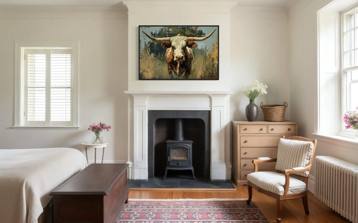 Rustic Texas Longhorn Cow Western Ranch Farmhouse Wildlife Wall Art - Image 3