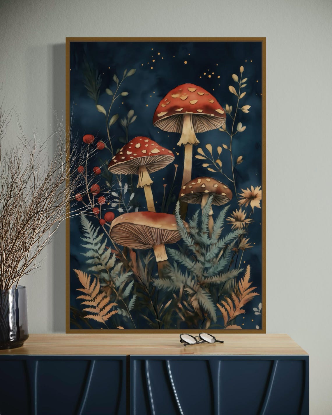 Moody Red Mushroom In Forest Art Enchanted Forest Print With Deep Blue Background Perfect For Atmospheric Autumnal Home Decor - Image 5