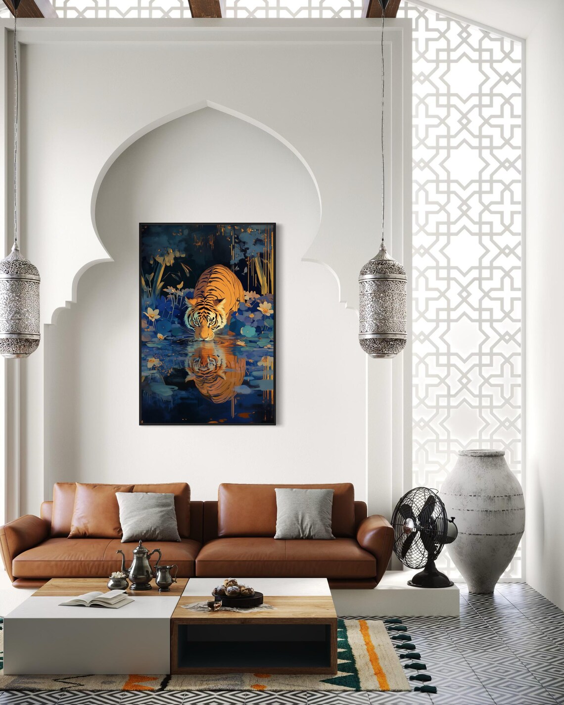 Bengal Tiger Drinking Jungle Pond Golden Reflection Night Floral Art Poster - Image 2
