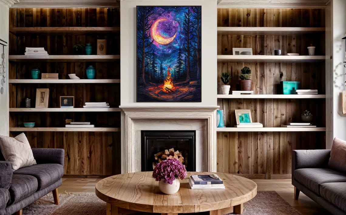 Enchanted Forest Campfire Starry Night Moonlight Camping Travel Poster - Image 4