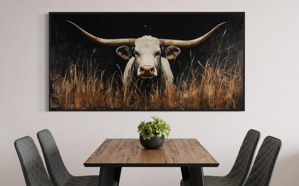 Majestic White Longhorn Dark Background Golden Grass Western Wall Art - Image 4
