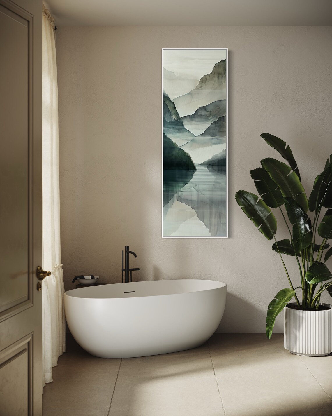 Misty Mountains and Water Reflection Minimalist Art Print - Image 4