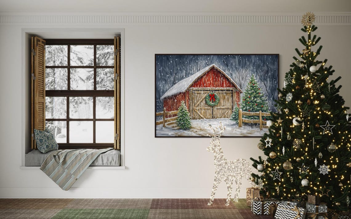 Rustic Red Barn Christmas Snowy Wreath Trees Holiday Farmhouse Print - Image 2