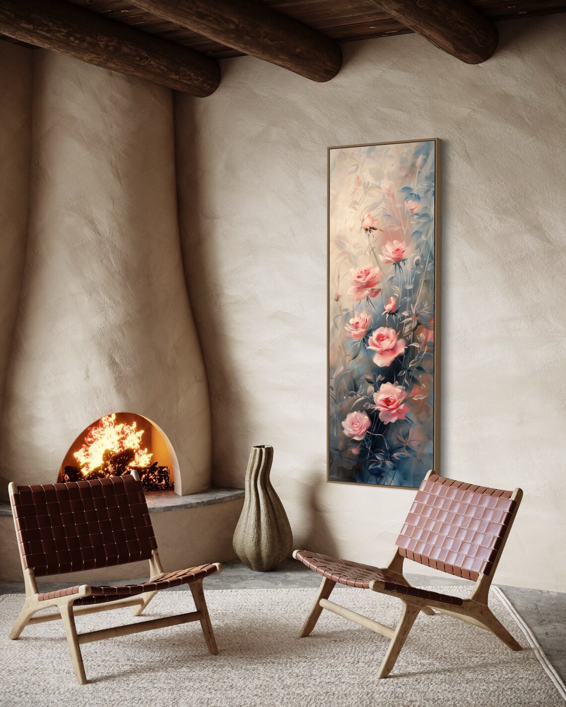 Pink Roses Abstract Floral Painting Vertical Narrow Wall Art Print - Image 5