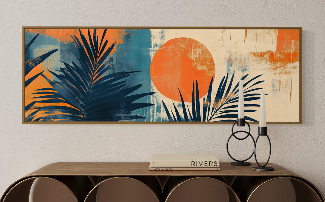Abstract Palm Leaves Bold Orange Sun Tropical Boho Panoramic Wall Art - Image 5