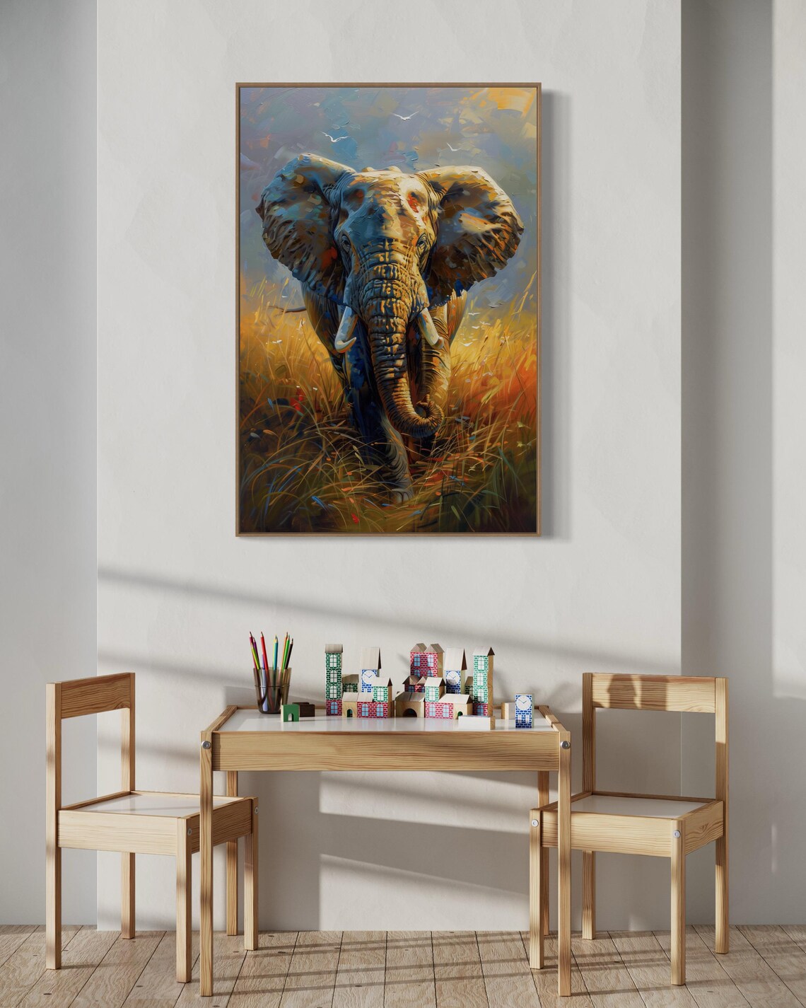 Expressive African Elephant Golden Savanna Wildlife Painting Print - Image 2