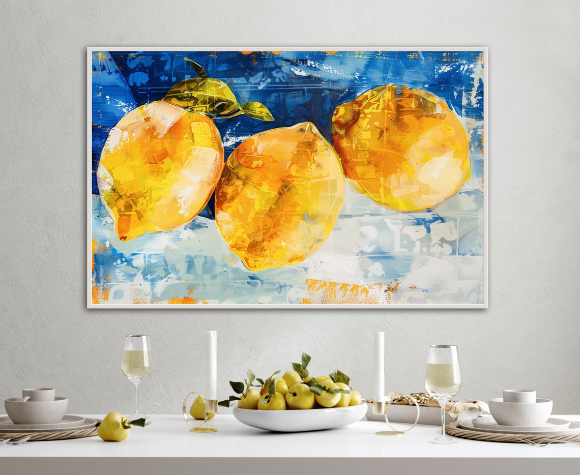 Italian Lemons Fruit Painting On Blue Background Kitchen Art Poster - Image 2