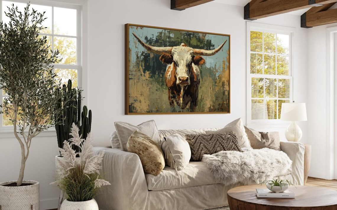 Rustic Texas Longhorn Cow Western Ranch Farmhouse Wildlife Wall Art - Image 2