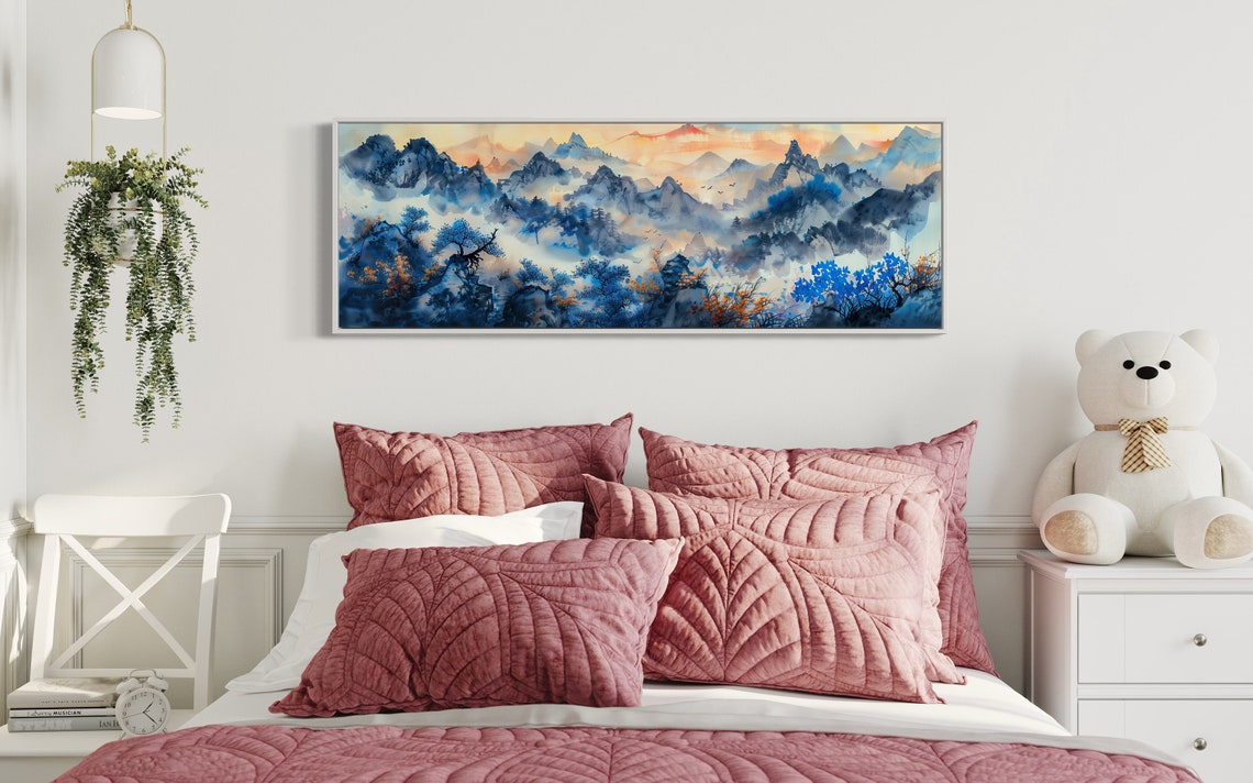 Misty Blue Mountain Peaks Sunrise Ink Wash Panoramic Wall Art - Image 5