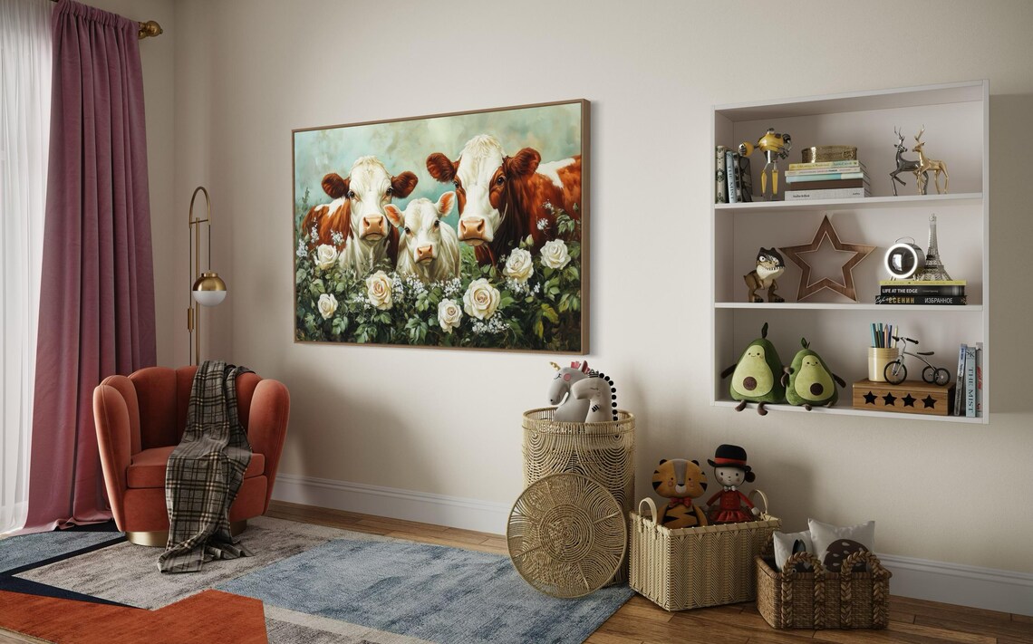 Cow Family Portrait White Roses Whimsical Farmhouse Floral Art Poster - Image 2