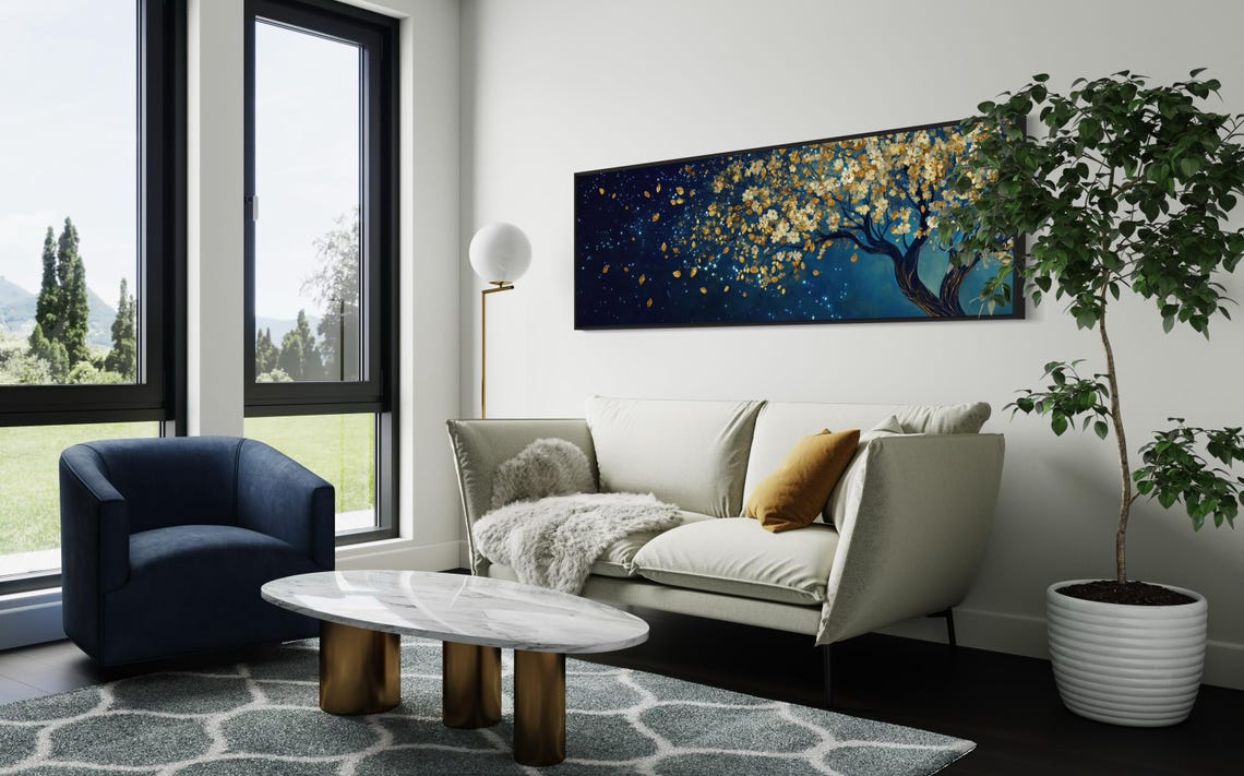 Golden Blossom Tree Starry Night Dark Blue Panoramic Elegant Poster - Image 4