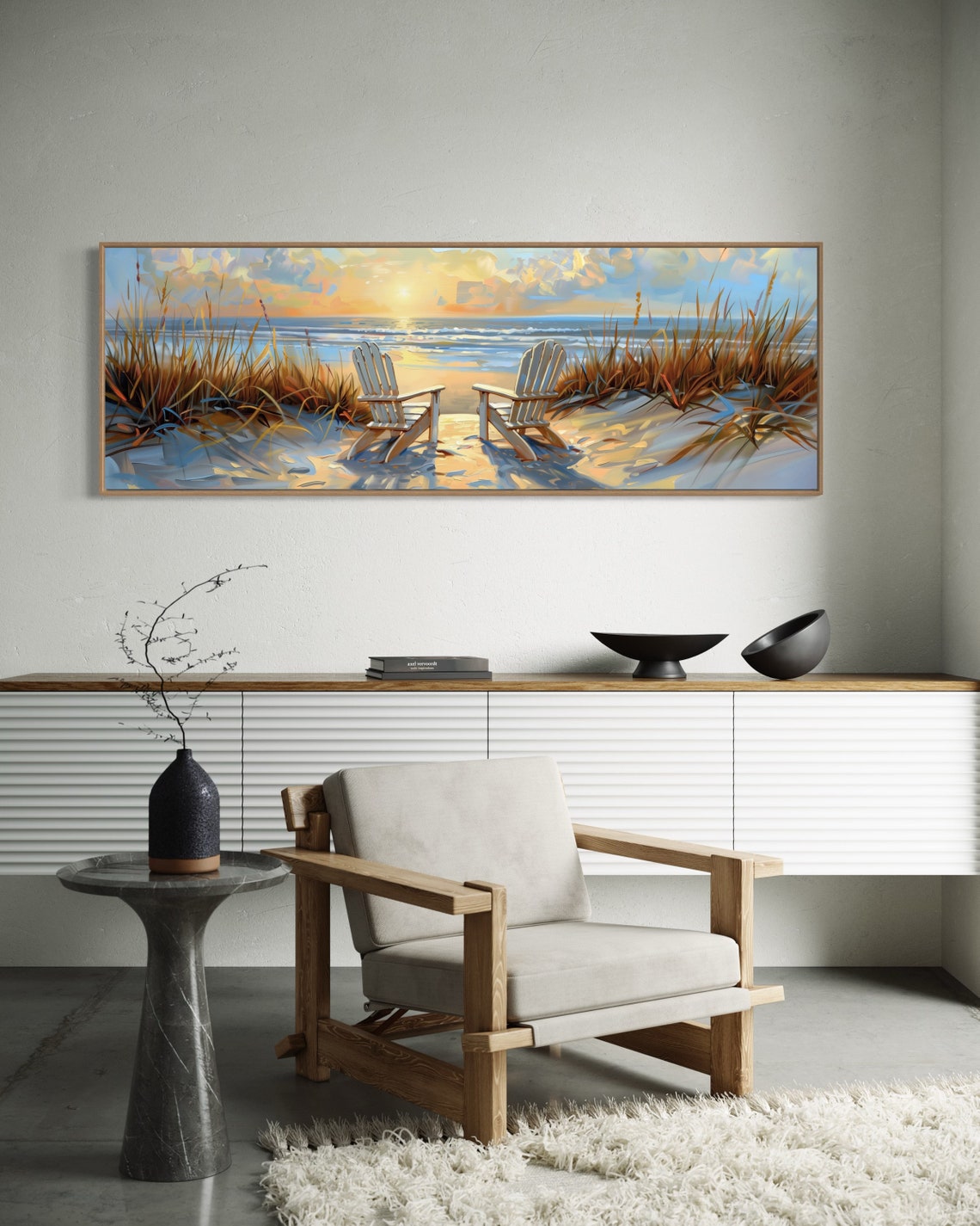 Golden Beach Sunset Ocean Chairs Panoramic Impressionist Travel Poster - Image 4