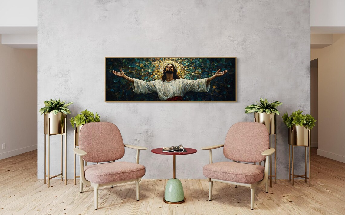 Jesus Christ Open Arms Mosaic Divine Golden Light Spiritual Faith Panoramic Print - Image 4