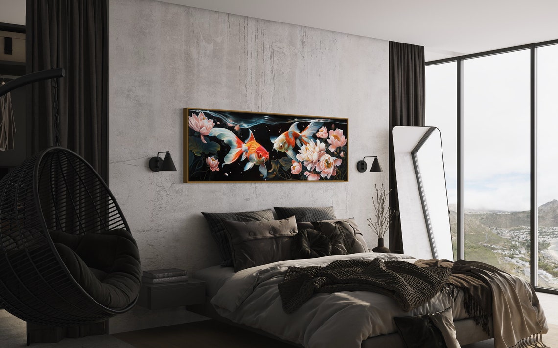 Colorful Koi Fish And Peonies Panoramic Underwater Art Poster - Image 4