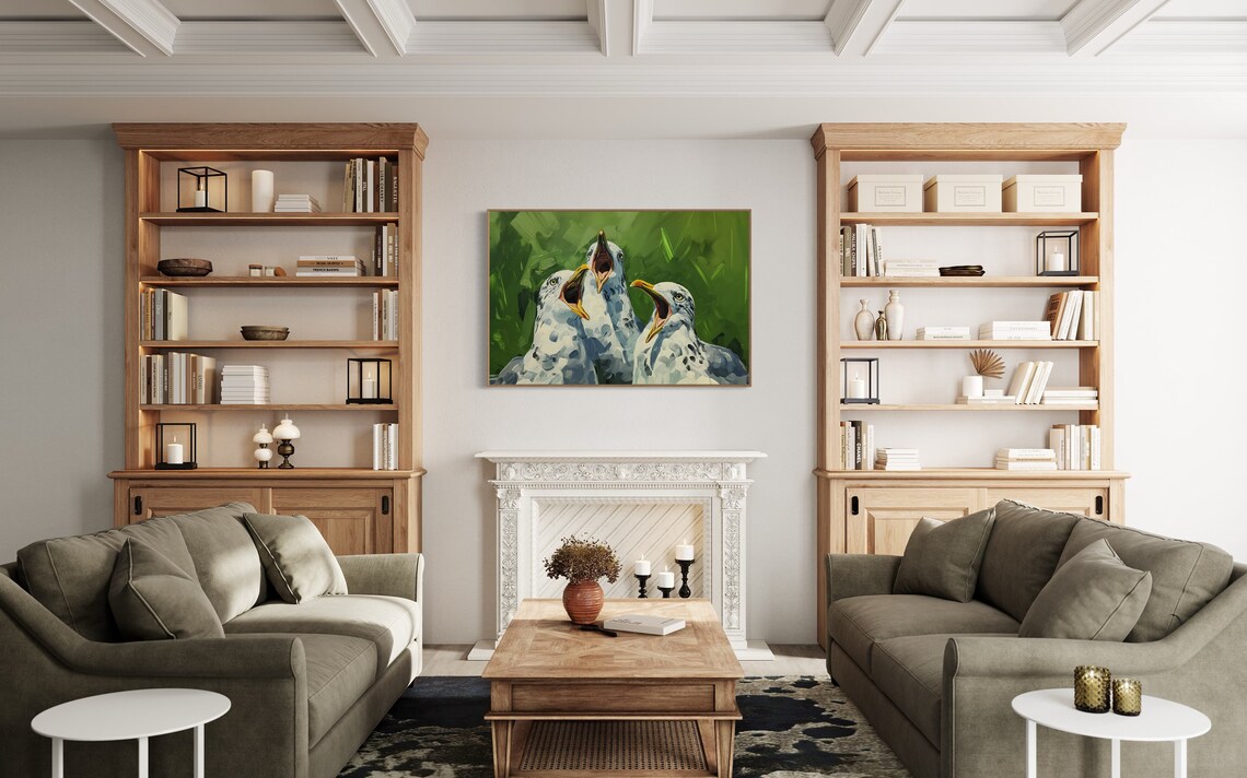 Funny Singing Seagulls Trio Playful Green Coastal Bird Art Print - Image 5