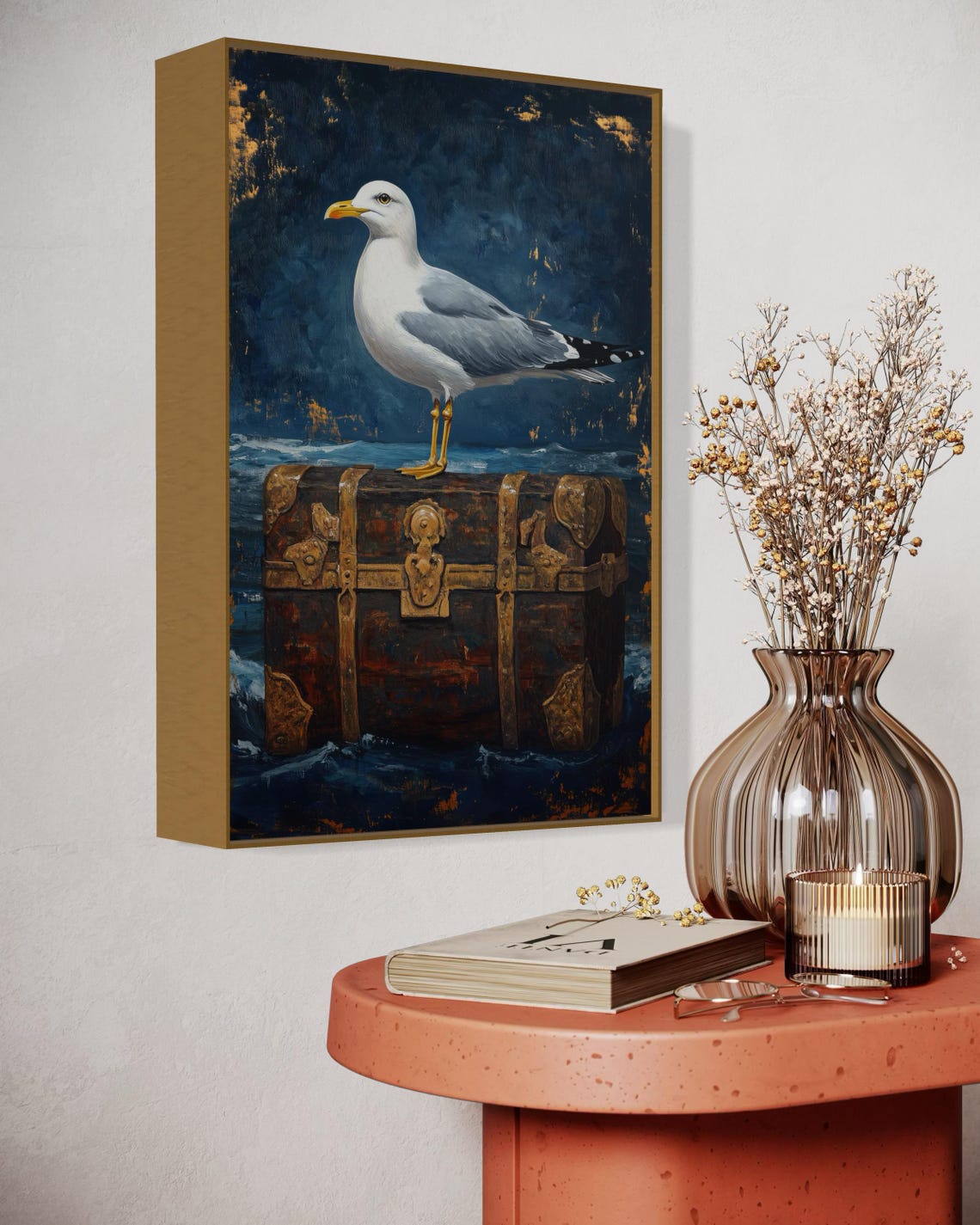 Seagull Standing On Antique Treasure Chest Moody Nautical Art Print - Image 4
