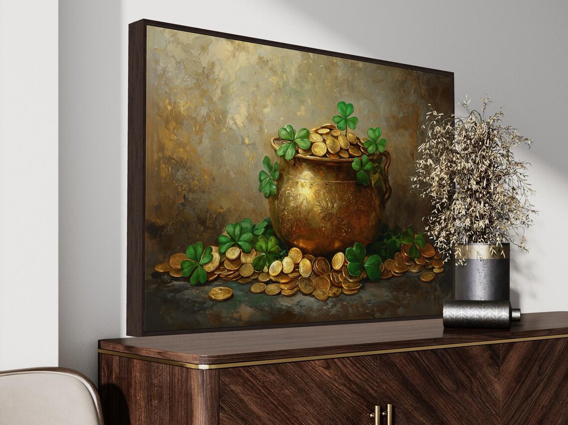 Golden Pot Of Coins Irish Luck, Shamrock Art Print - Image 5