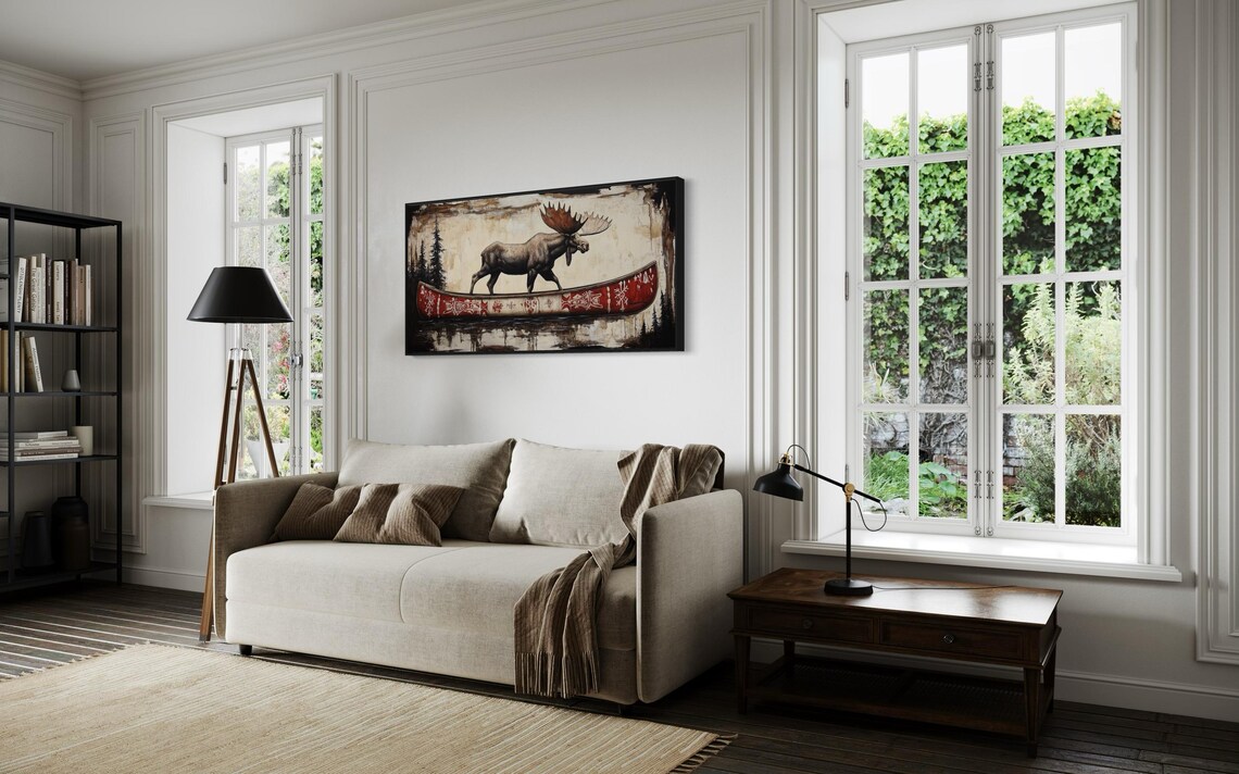 Moose Walking Red Patterned Canoe Reflective Water Rustic Wildlife Poster - Image 3