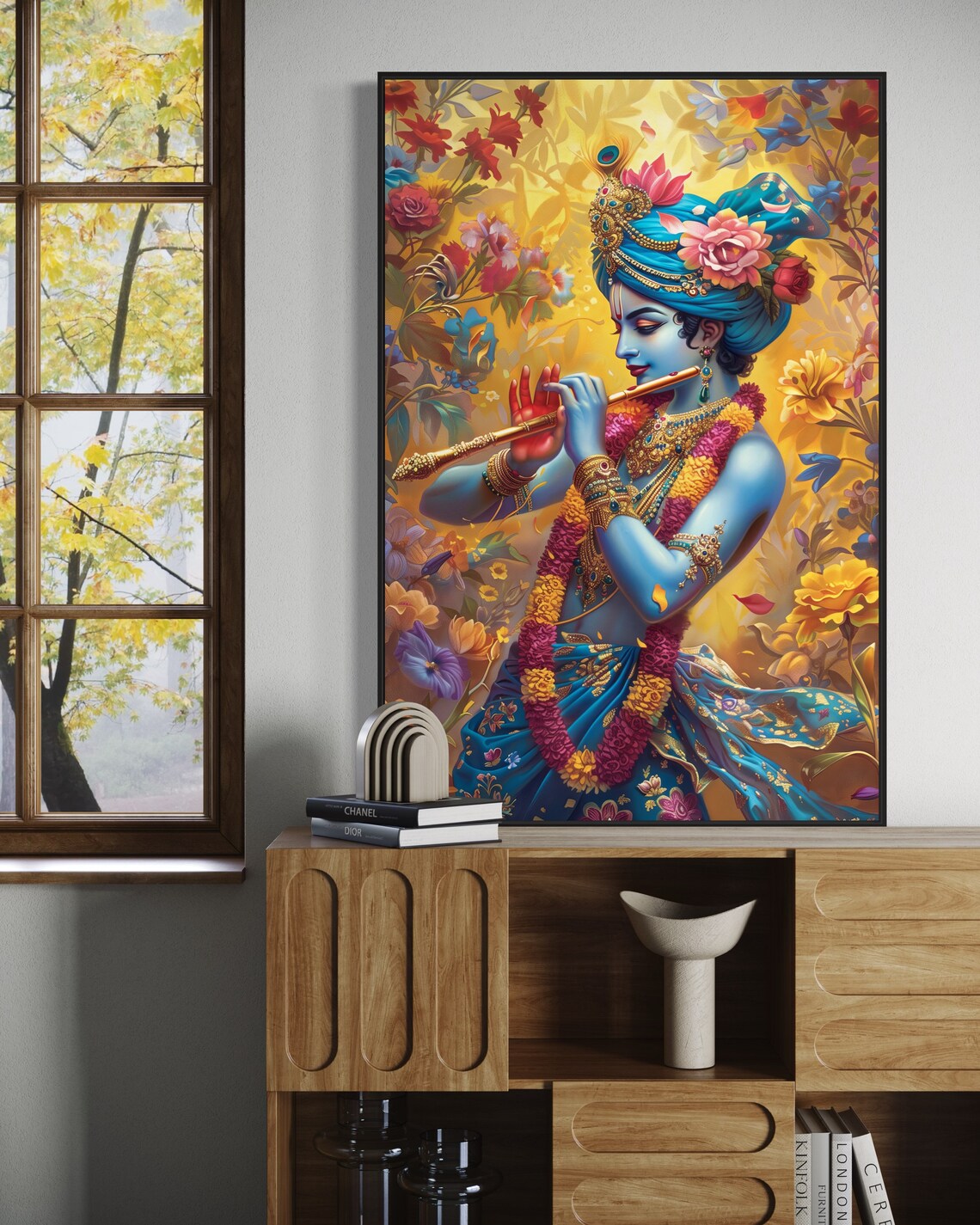 Lord Krishna Playing Flute Divine Blue Floral Spiritual Hindu Art Poster - Image 4