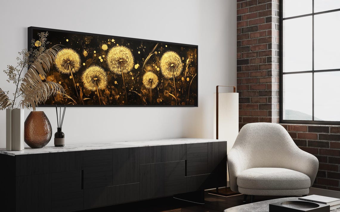 Golden Dandelion Seed Heads Black Background Elegant Panoramic Poster - Image 3