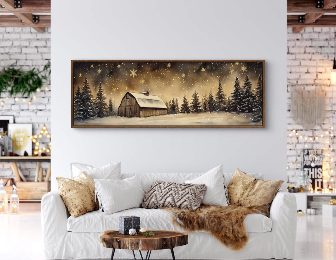 Rustic Snowy Barn Winter Night Golden Snowflakes Farmhouse Wall Art - Image 2
