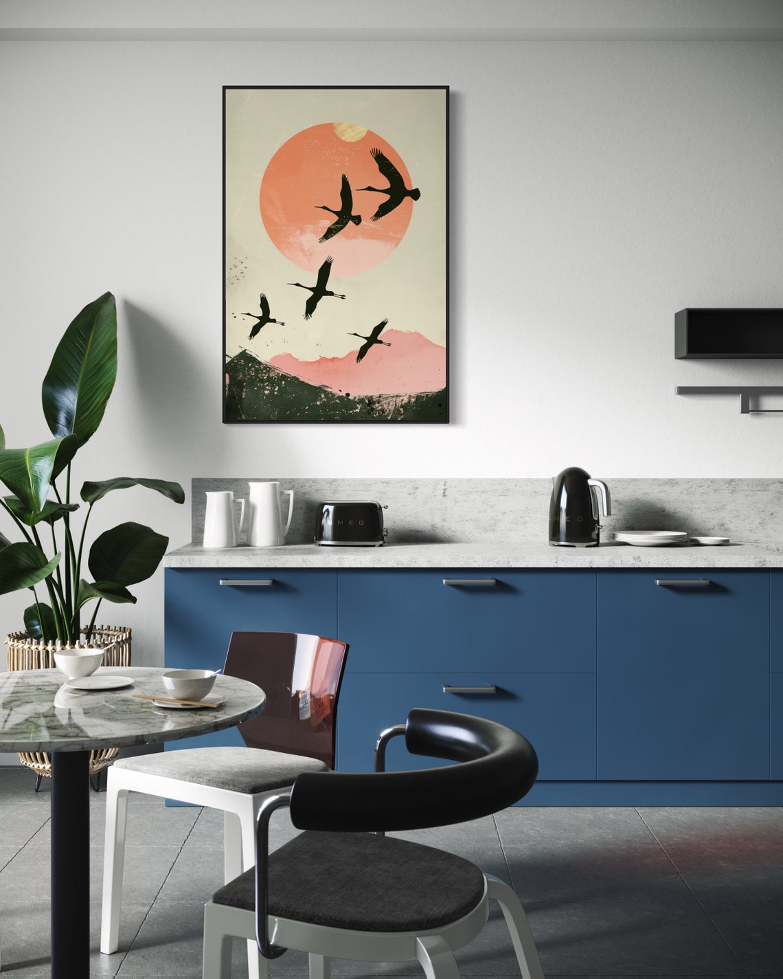 Japanese Cranes Flying Over Red Sun Minimalist Oriental Art Print - Image 5