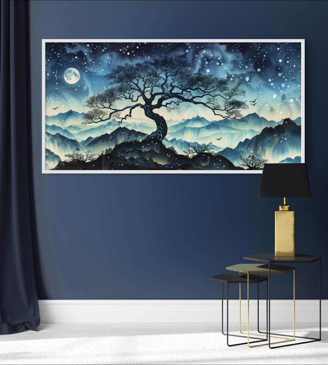 Dreamy Moonlit Landscape Atmospheric Celestial Painting Print With Old Oak Tree Modern Mountain Art For Above Bed Decor Panoramic Print - Image 4