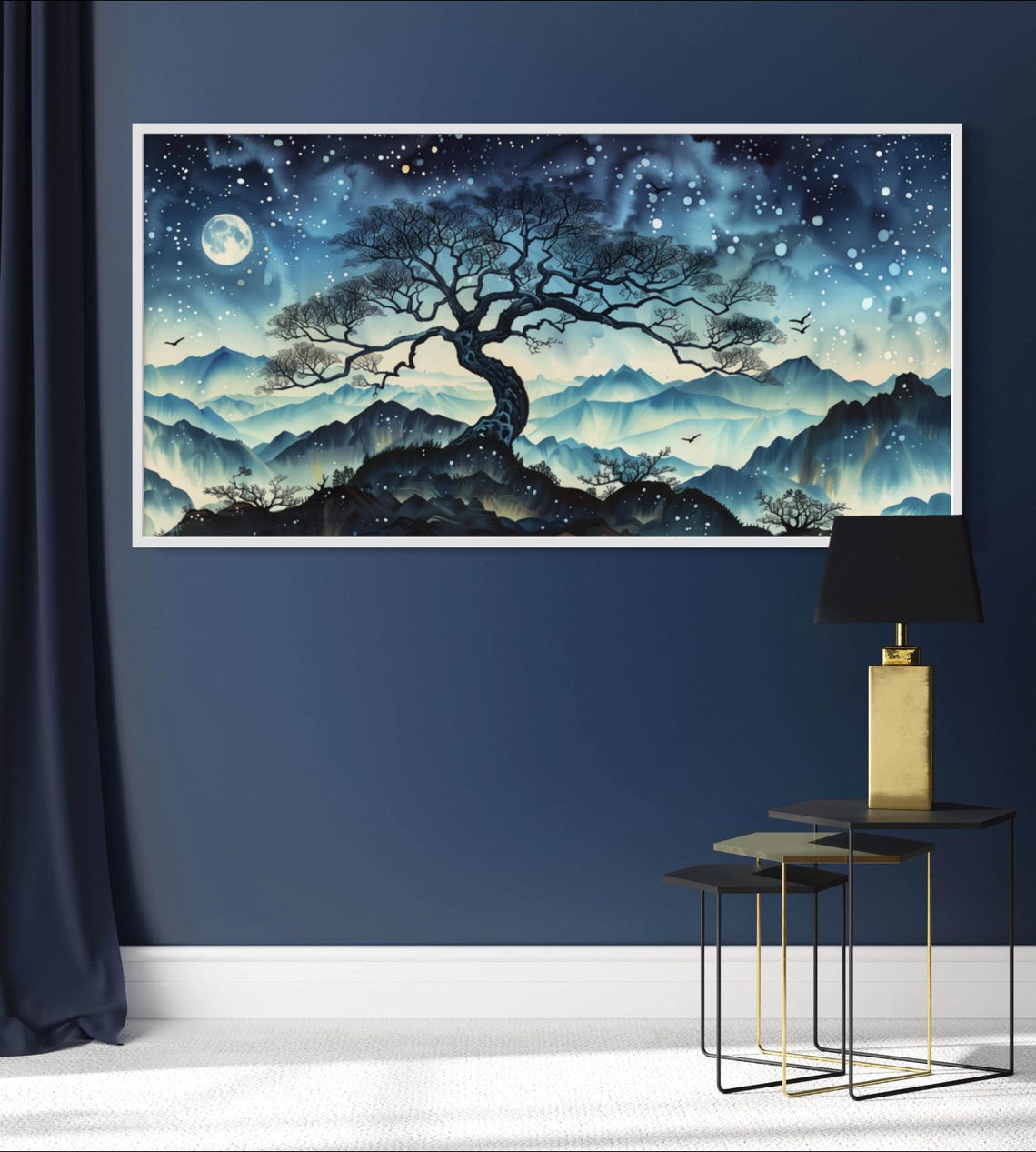 Moonlit Celestial Tree Starry Night Mountains Dreamy Art Poster - Image 4
