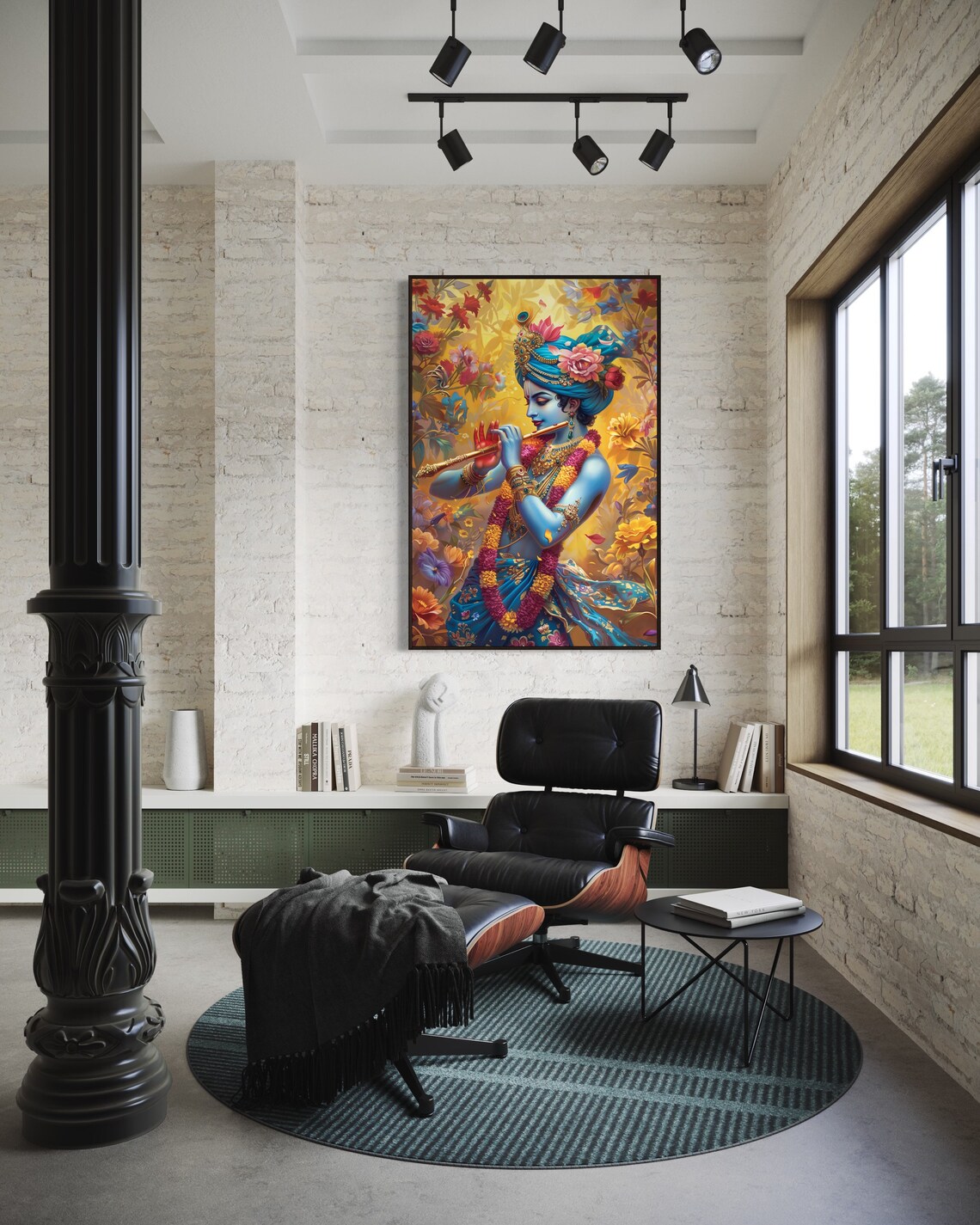 Lord Krishna Playing Flute Divine Blue Floral Spiritual Hindu Art Poster - Image 5