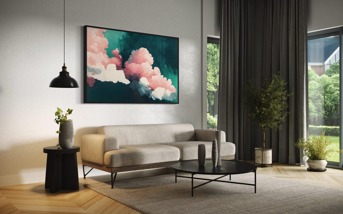 Pink White Clouds Teal Sky Dreamy Abstract Cloud Painting Wall Poster - Image 3