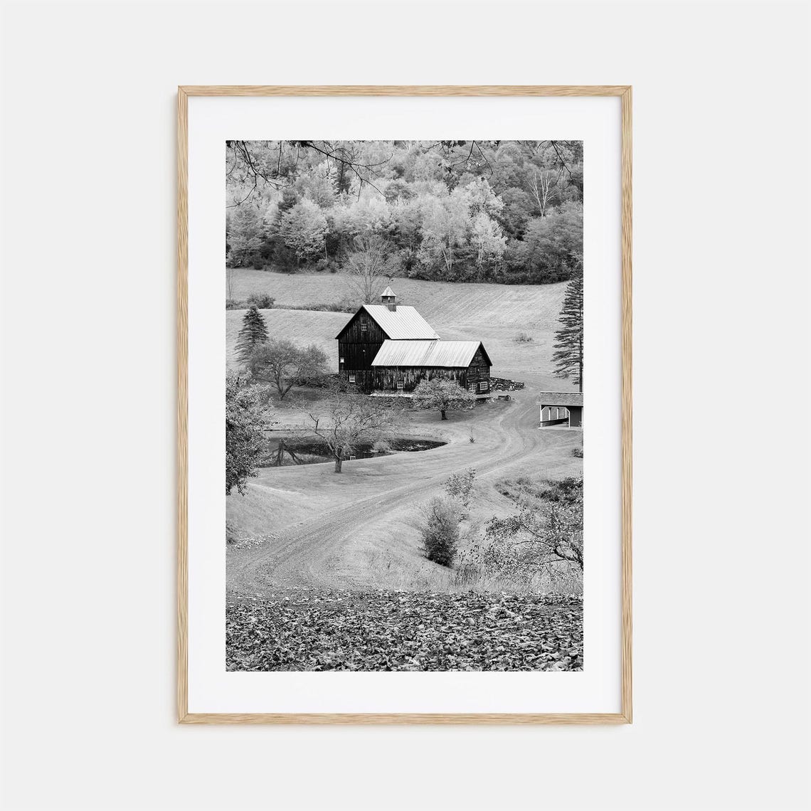 New England Barn Country Road Autumn Hills Black and White Poster