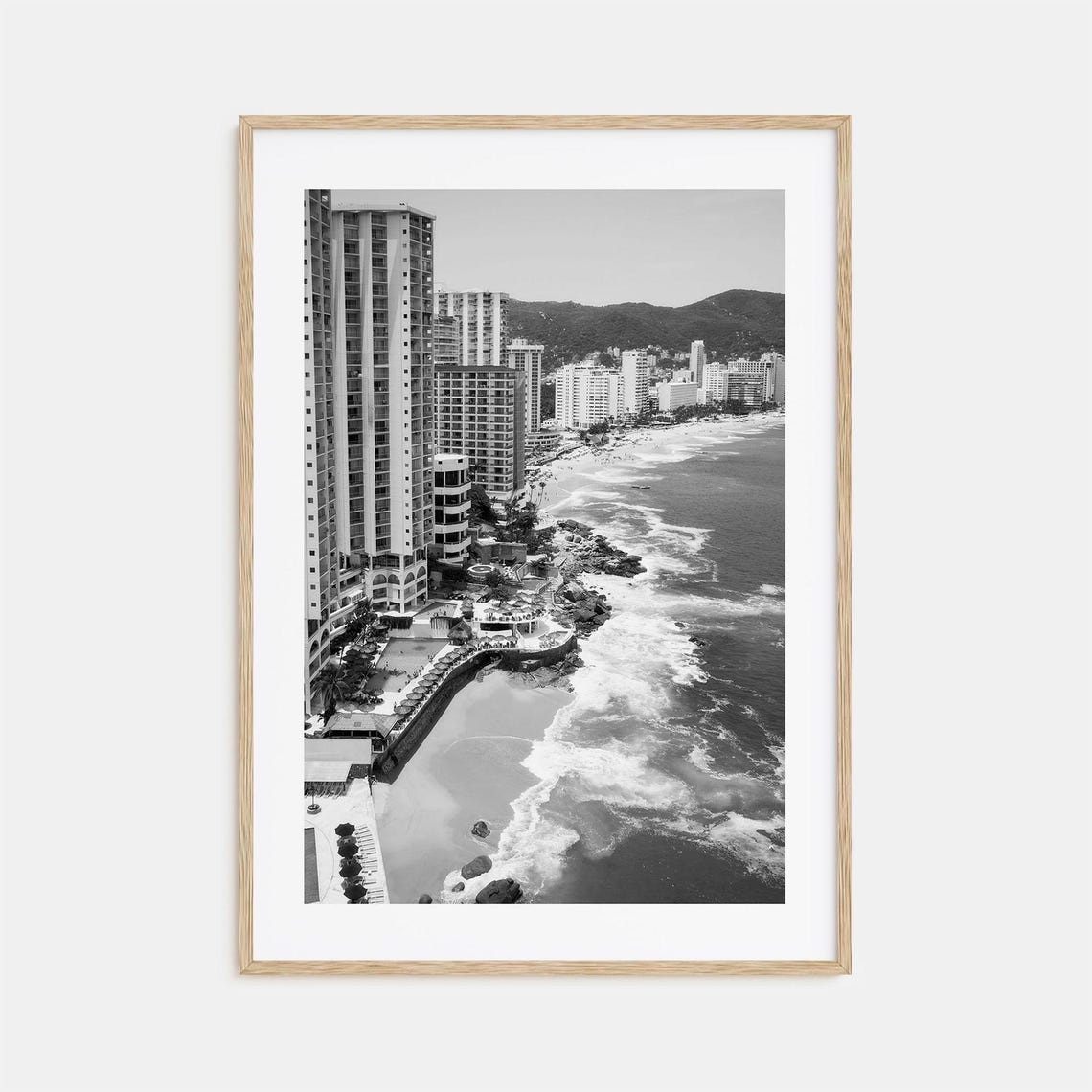 Acapulco Bay High Rise Hotels Surf Beach Black and White Photo Poster