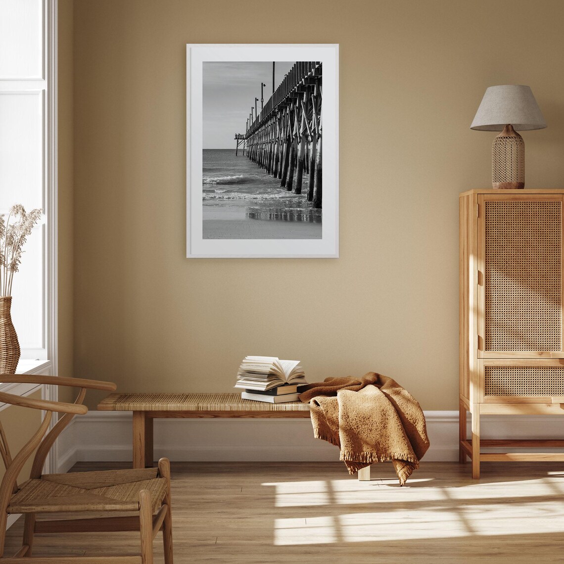Surf City Wooden Fishing Pier Over The Ocean Black And White Poster - Image 3