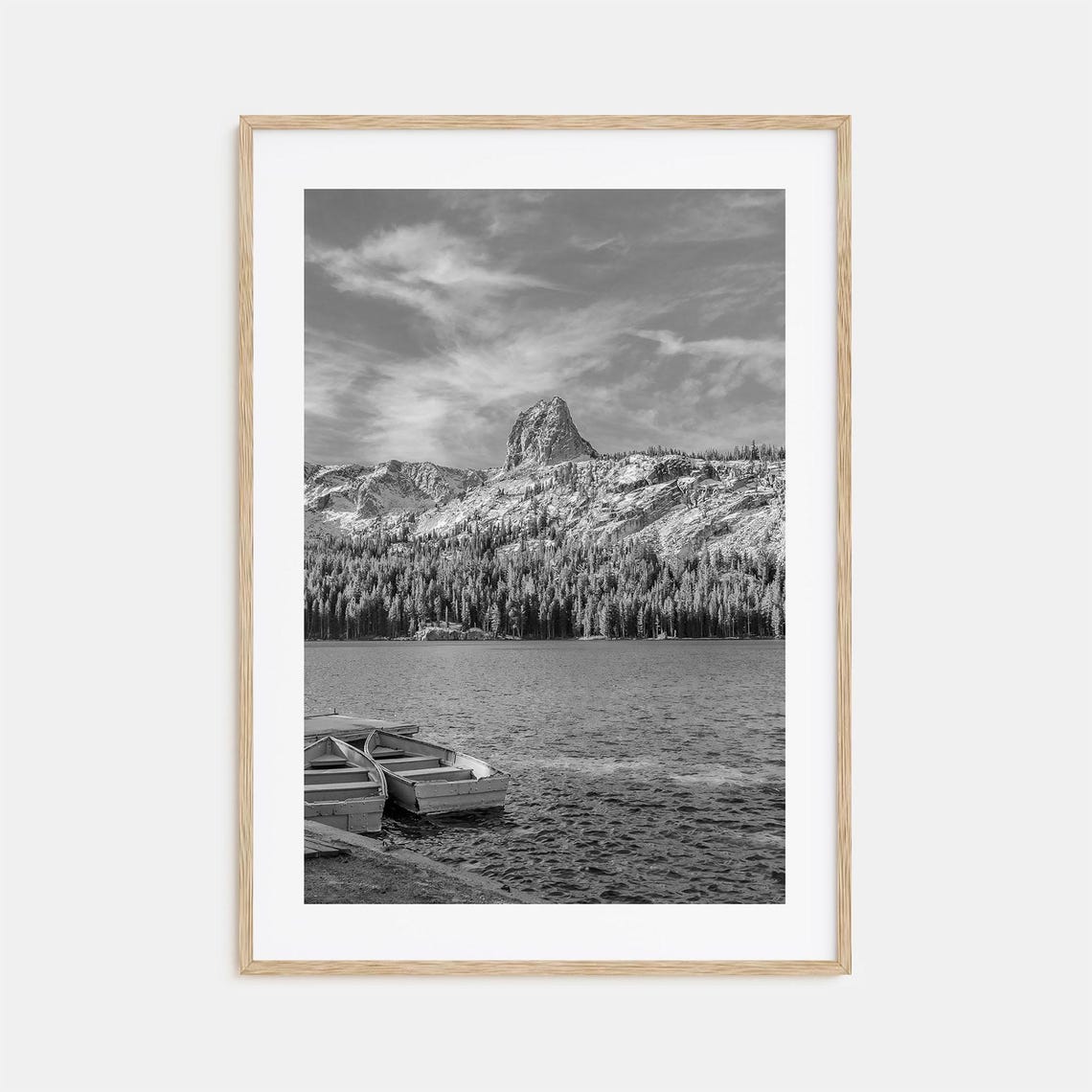 Mountain Lake With Rowboats And Jagged Peak Black White Poster