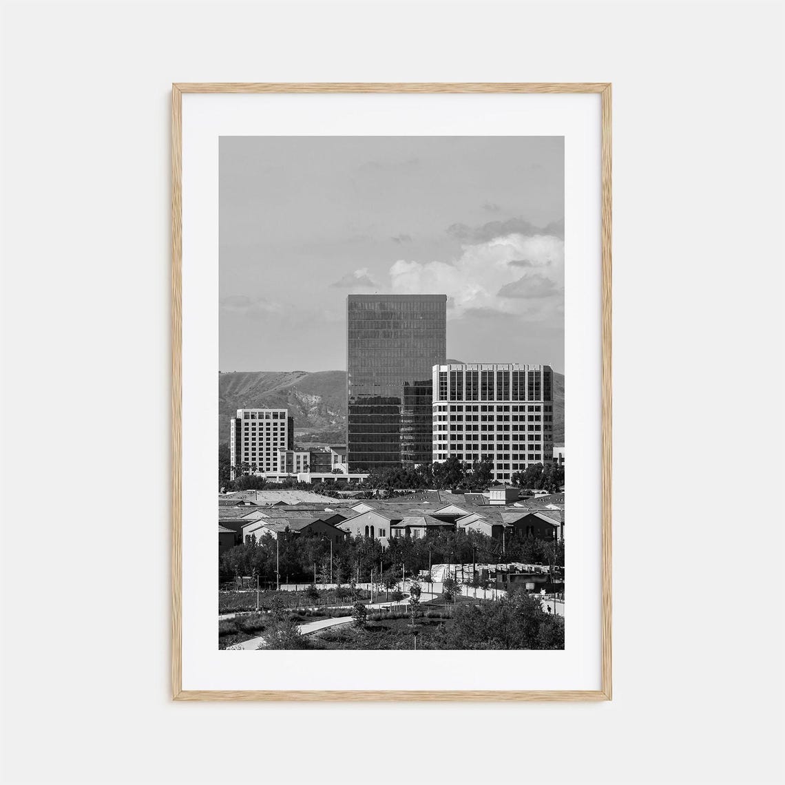 Glass Office Towers Above Suburban Streets Black White Poster