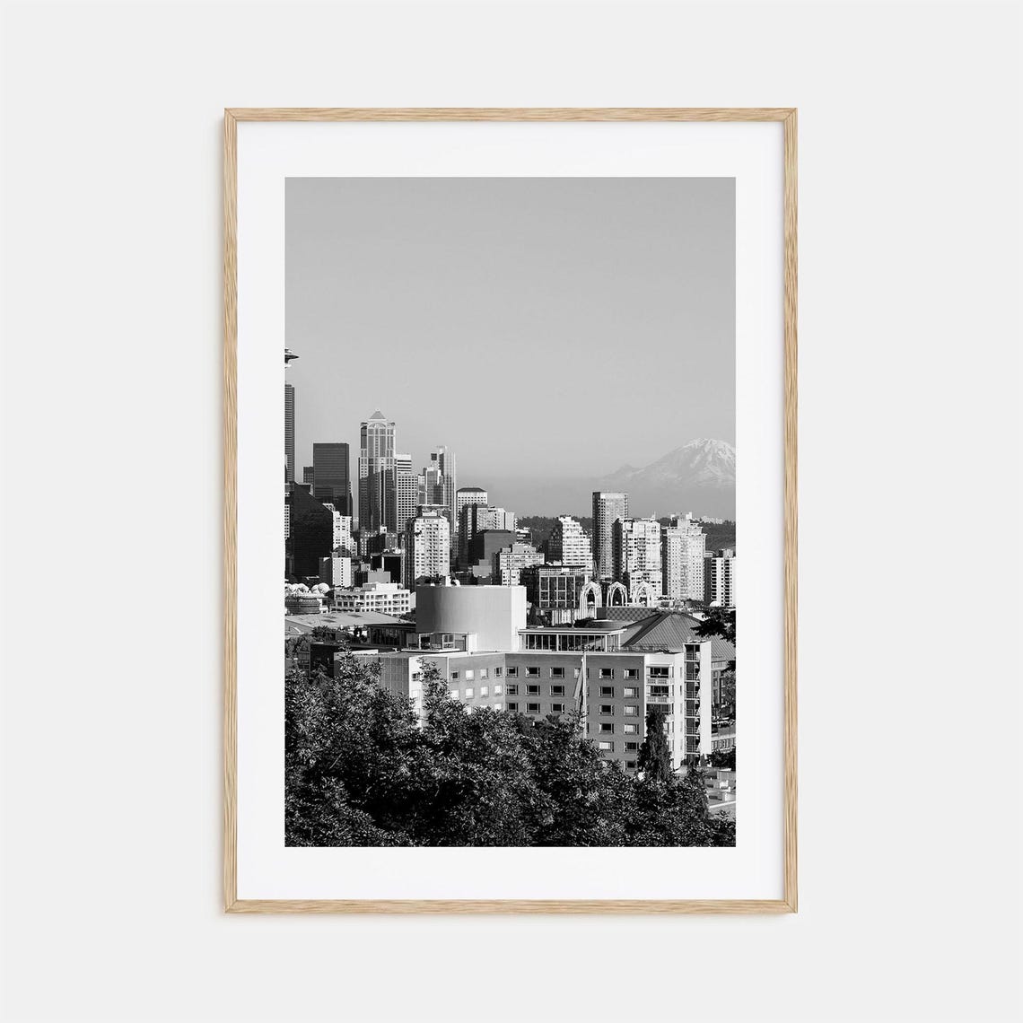 Seattle Space Needle Skyline Mount Rainier Distant Black White Poster